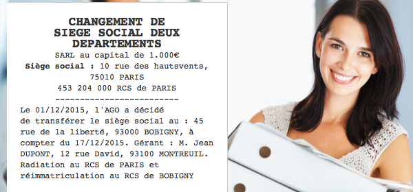annonce legale changement siege social deux departements
